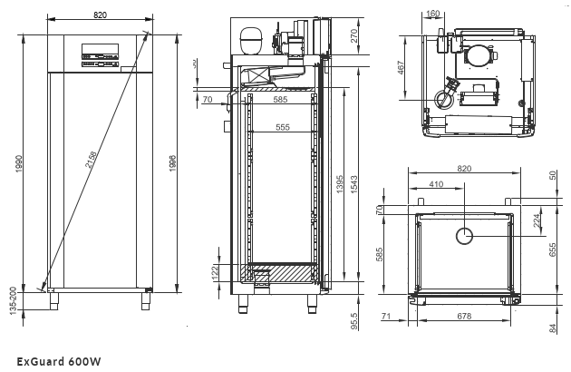 Afmetingen Gram ExGuard ER600W laboratorium koelkast met afzuiging