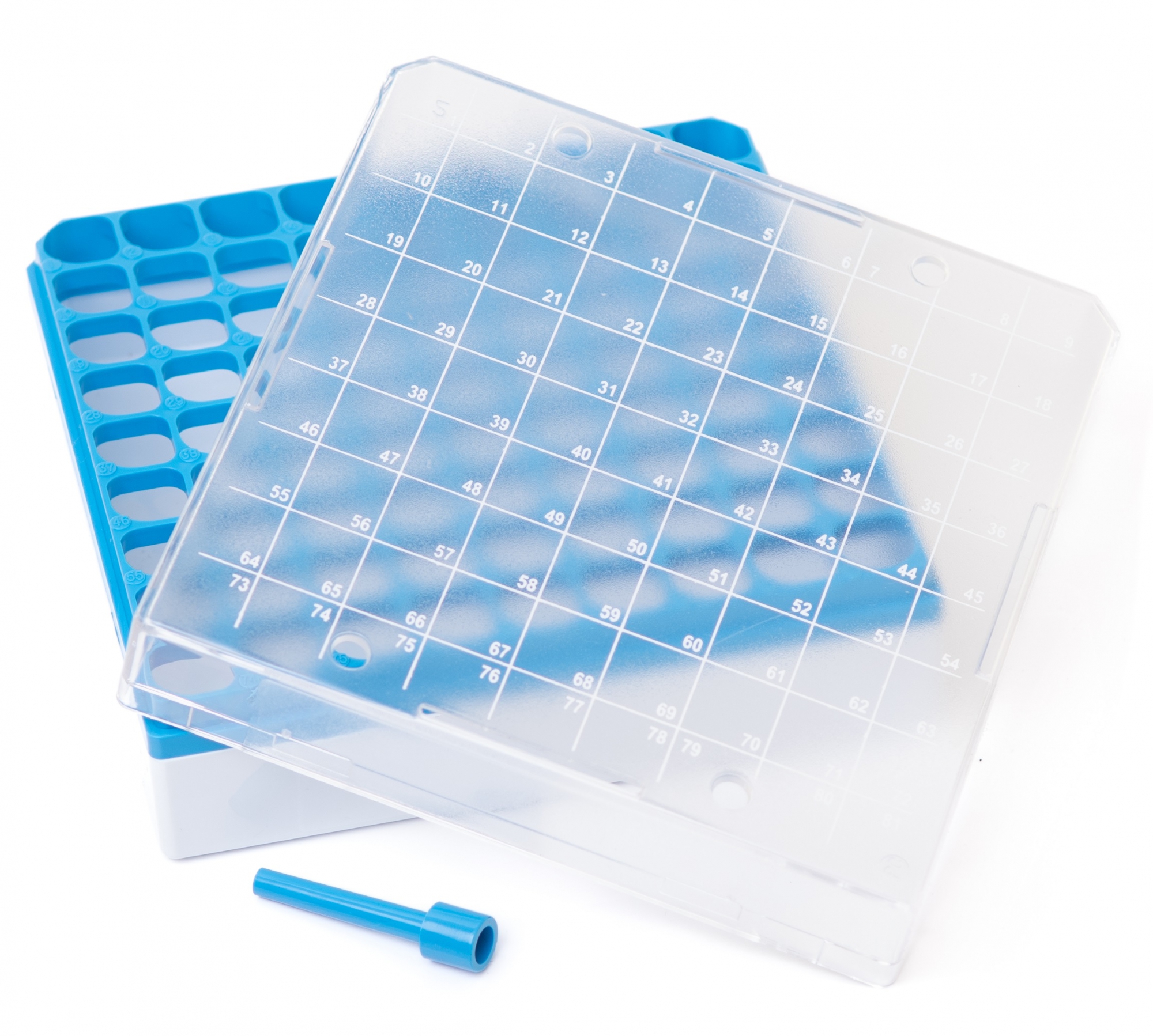 Cryobox polycarbonaat 133x133x52 mm met 5x5, 9x9 of 10x10 vakverdeling - blauw