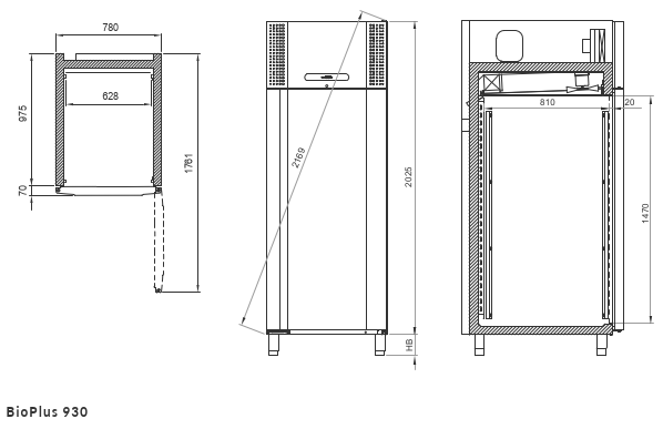 Afmetingen Gram BioPlus RF930 laboratorium vrieskast