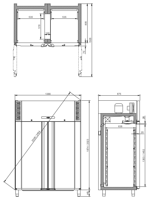 Afmetingen Gram BioBlood BF1270 dubbeldeurs bloedplasma vrieskast