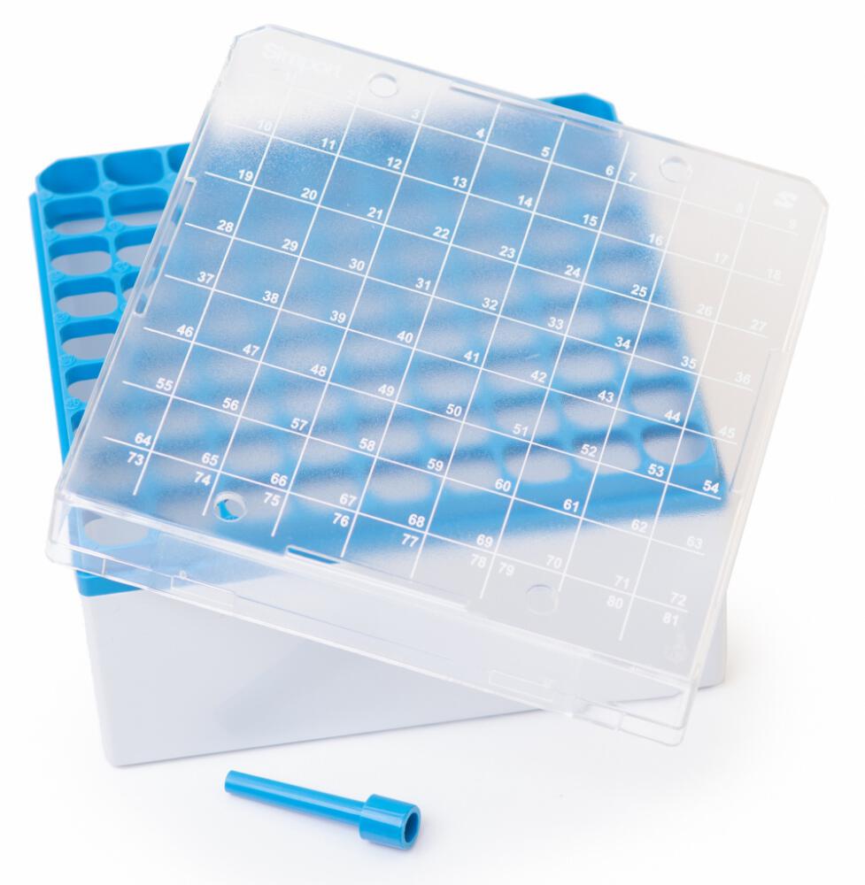 Cryobox polycarbonaat 133x133x95 mm met 9x9 vakverdeling - blauw