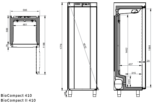 Afmetingen Gram BioCompact II RR410 medicijnkoelkast