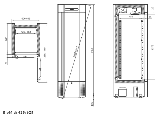 Afmetingen Gram BioMidi RR425 laboratorium koelkast