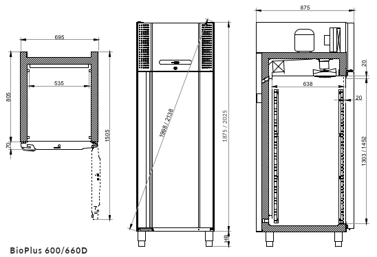 Afmetingen Gram BioPlus ER600D laboratorium koelkast