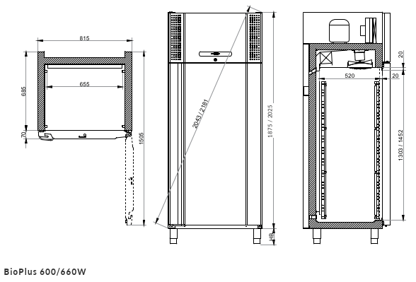 Afmetingen Gram BioPlus ER600W laboratorium koelkast