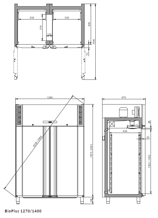 Afmetingen Gram BioPlus RF1270 dubbeldeurs laboratorium vrieskast