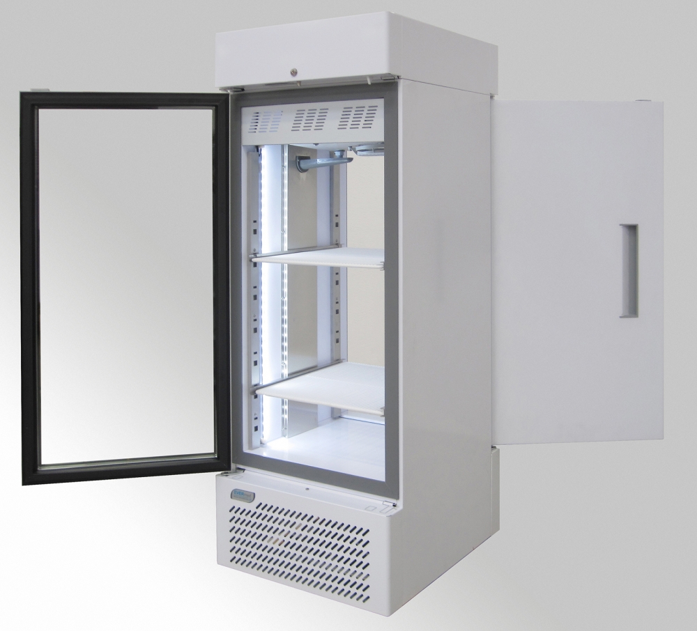 Evermed LR 270 W P-T laboratorium doorgeefkoelkast met 1 glasdeur en 1 dichte deur