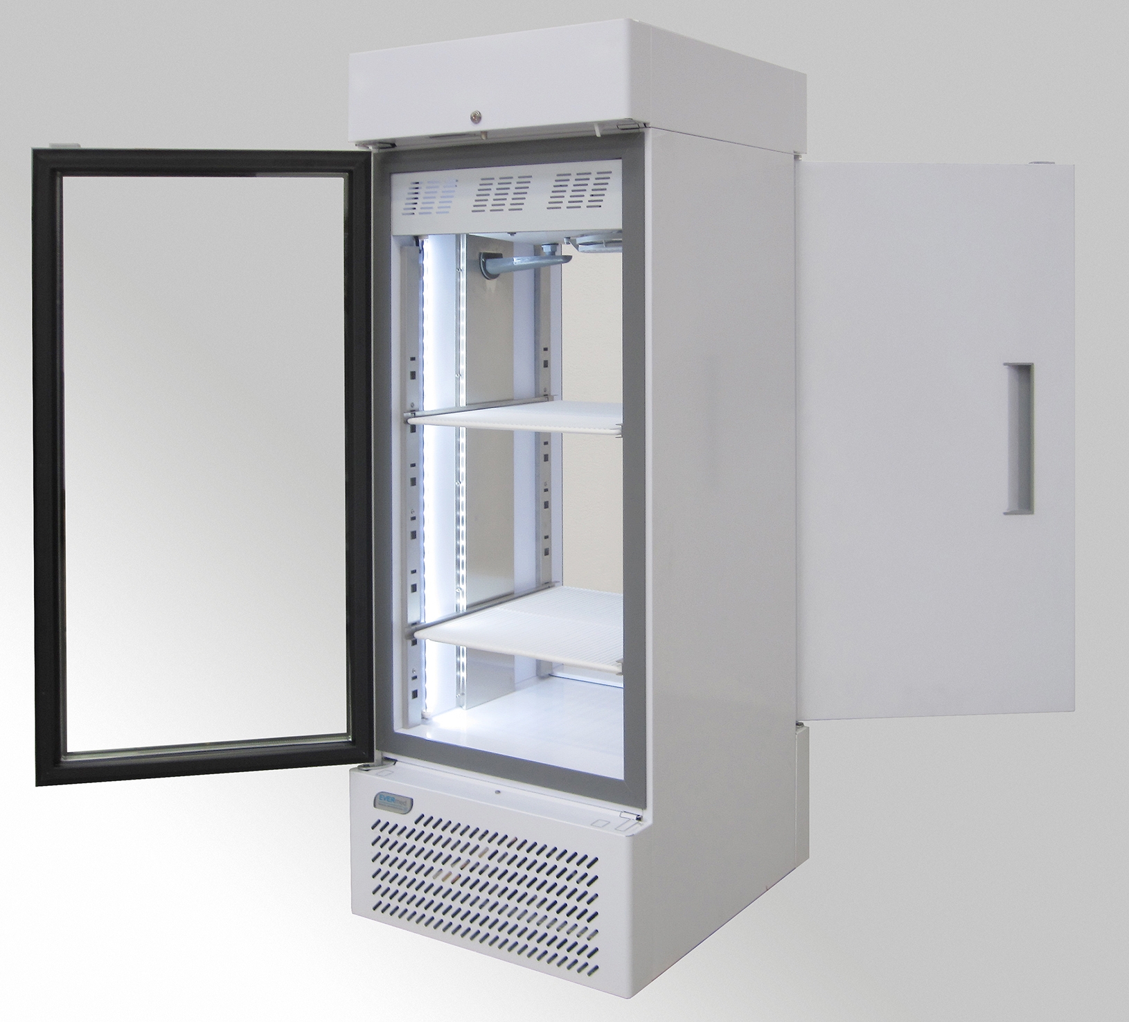 Evermed LR 270 W P-T laboratorium doorgeefkoelkast met 1 glasdeur en 1 dichte deur