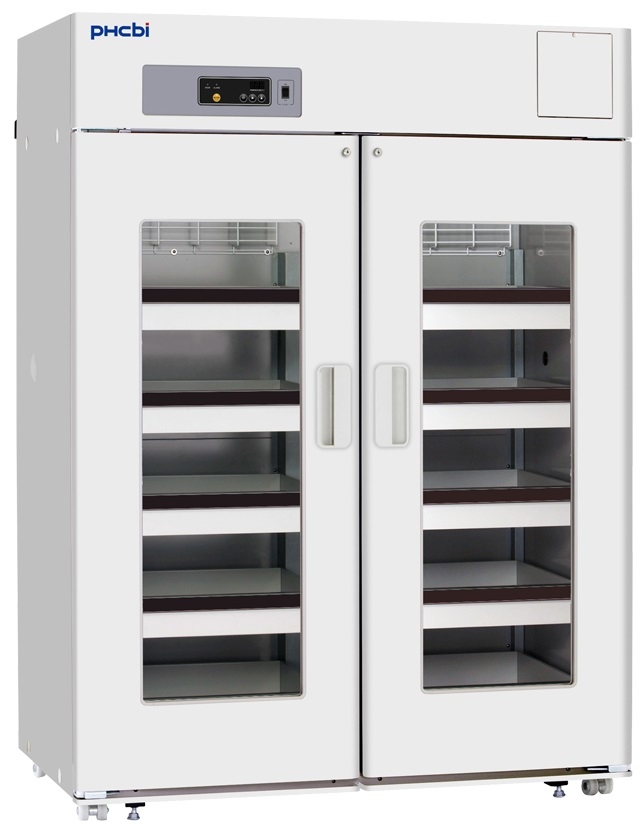 PHCbi MPR-1412R-PE dubbeldeurs medicijnkoelkast met glasdeuren en roestvrijstalen lades